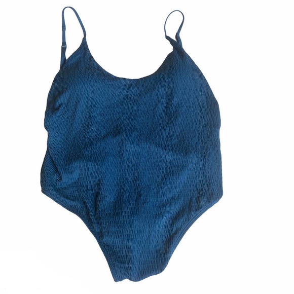Aerie XL Cheeky Ribbed Smocked Scoop Neck One Piece Swimsuit High Cut Blue Sexy - Picture 1 of 12